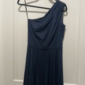 Tadashi Shoji one shoulder navy blue pleated gown